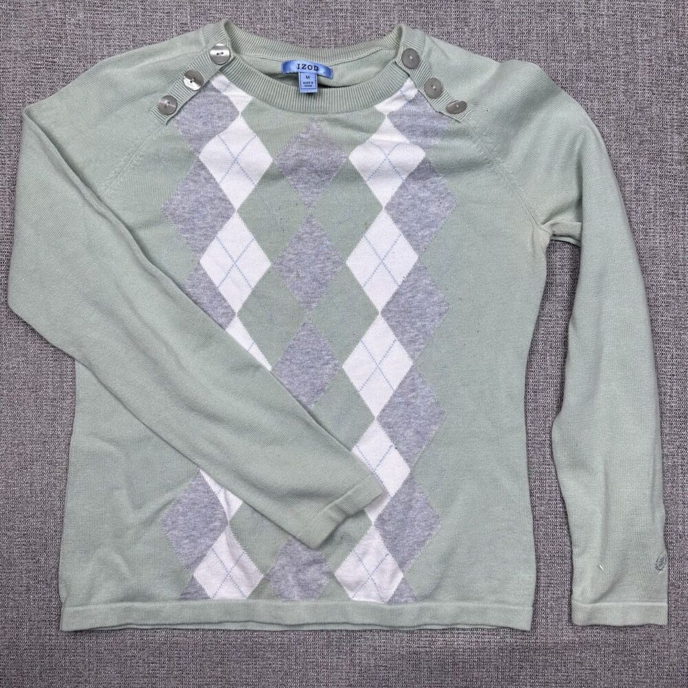 IZOD Argyle Pullover Long Sleeve Cotton Sweater Size Medium Teal Gray White